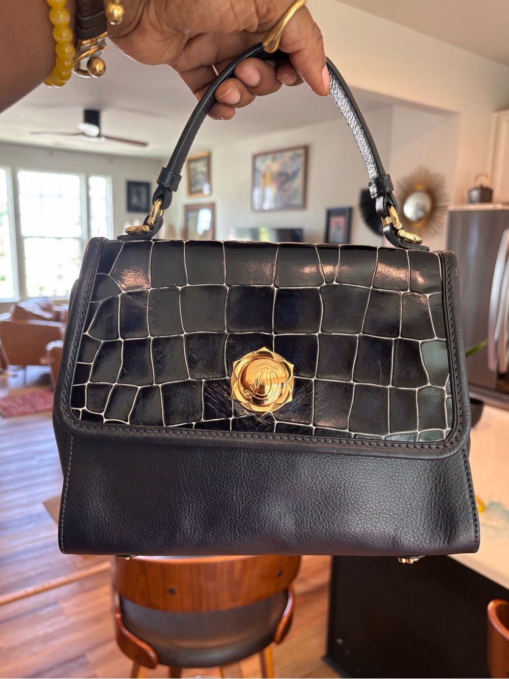 Draper James Dark Blue Croc-Embossed Top Handle Bag with Gold Hardware